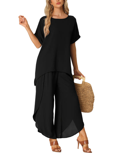 Womens Casual Short Sleeve Loose Outfit Set Shirt Long Pants Loungewear 2 Piece Sets