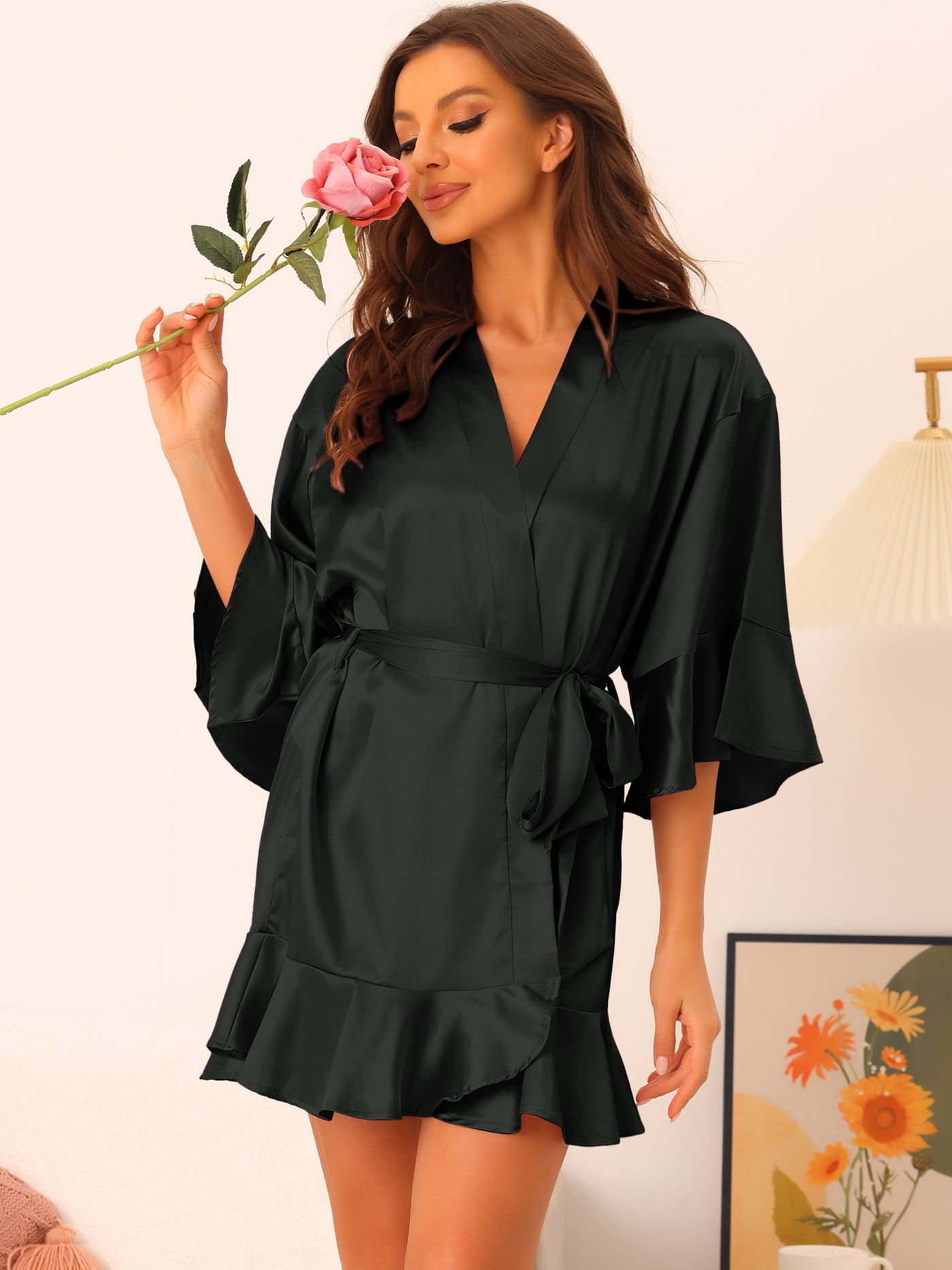 Bublédon Womens Satin Pajama Silky 3/4 Sleeves Tie Waist Loungewear Robes