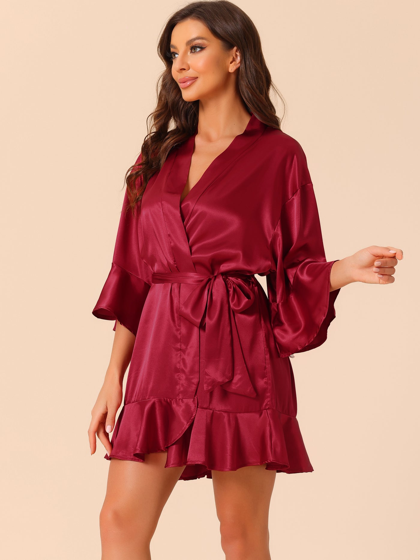 Bublédon Womens Satin Pajama Silky 3/4 Sleeves Tie Waist Loungewear Robes