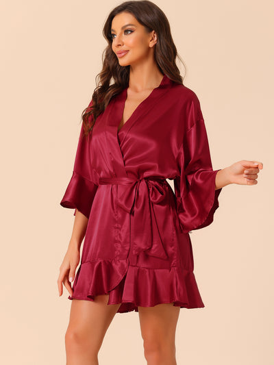 Womens Satin Pajama Silky 3/4 Sleeves Tie Waist Loungewear Robes