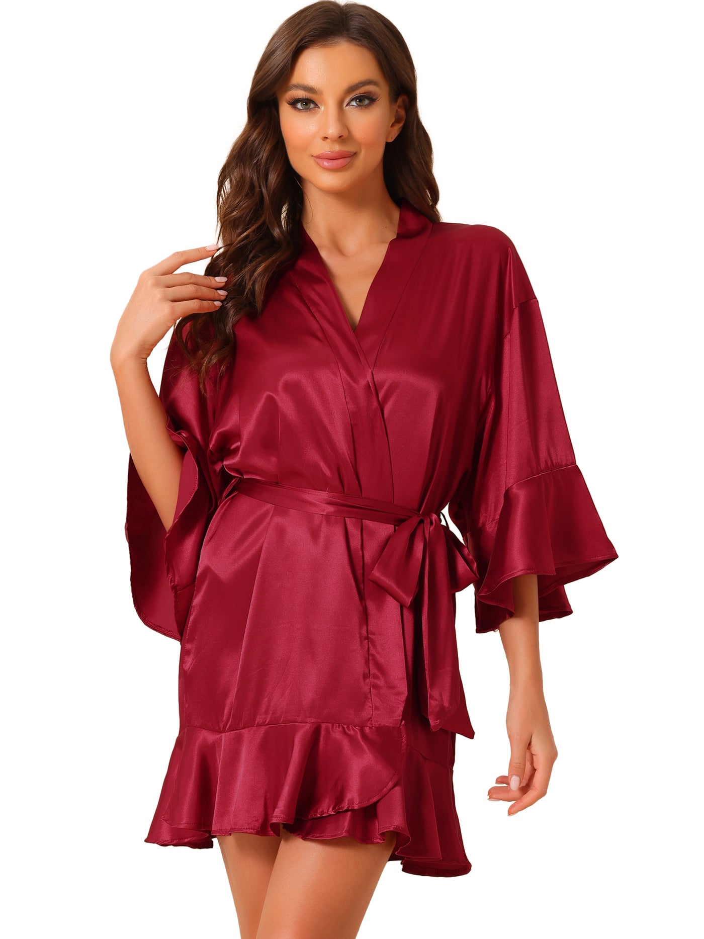 Bublédon Womens Satin Pajama Silky 3/4 Sleeves Tie Waist Loungewear Robes