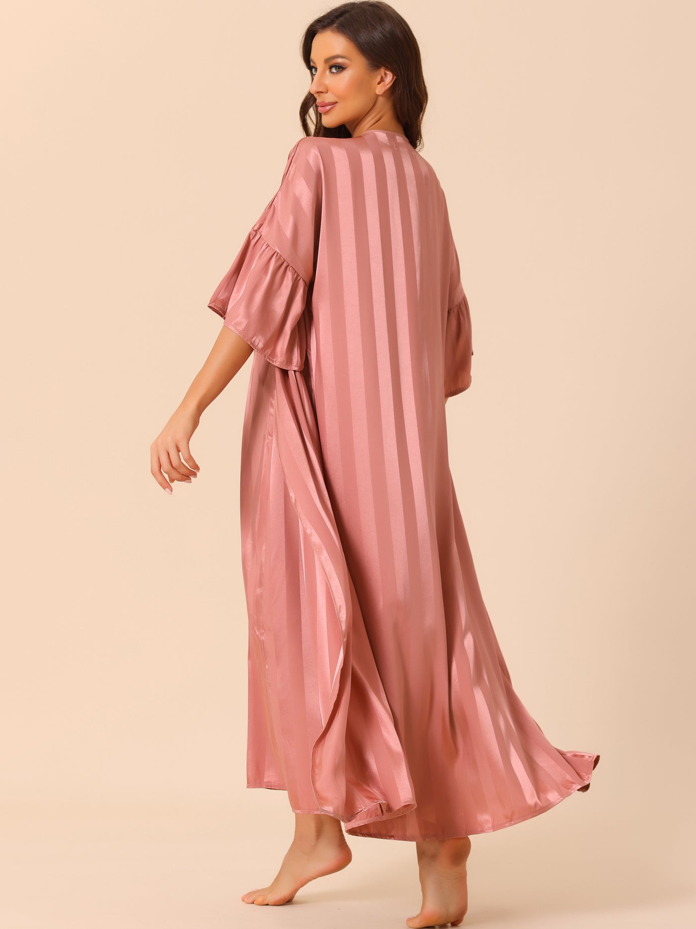 Bublédon Womens Satin 2Pcs Pajamas Silky 3/4 Sleeves Stripe Lounge Nightgowns with Robes