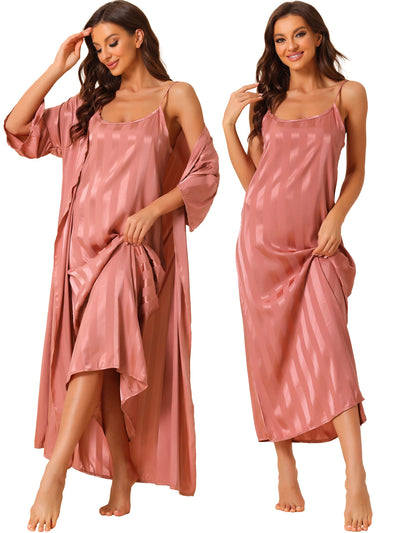 Womens Satin 2Pcs Pajamas Silky 3/4 Sleeves Stripe Lounge Nightgowns with Robes