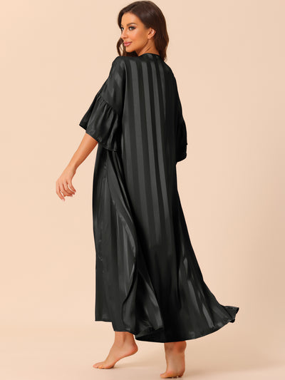 Womens Satin 2Pcs Pajamas Silky 3/4 Sleeves Stripe Lounge Nightgowns with Robes