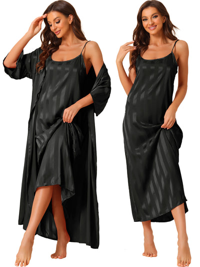 Womens Satin 2Pcs Pajamas Silky 3/4 Sleeves Stripe Lounge Nightgowns with Robes