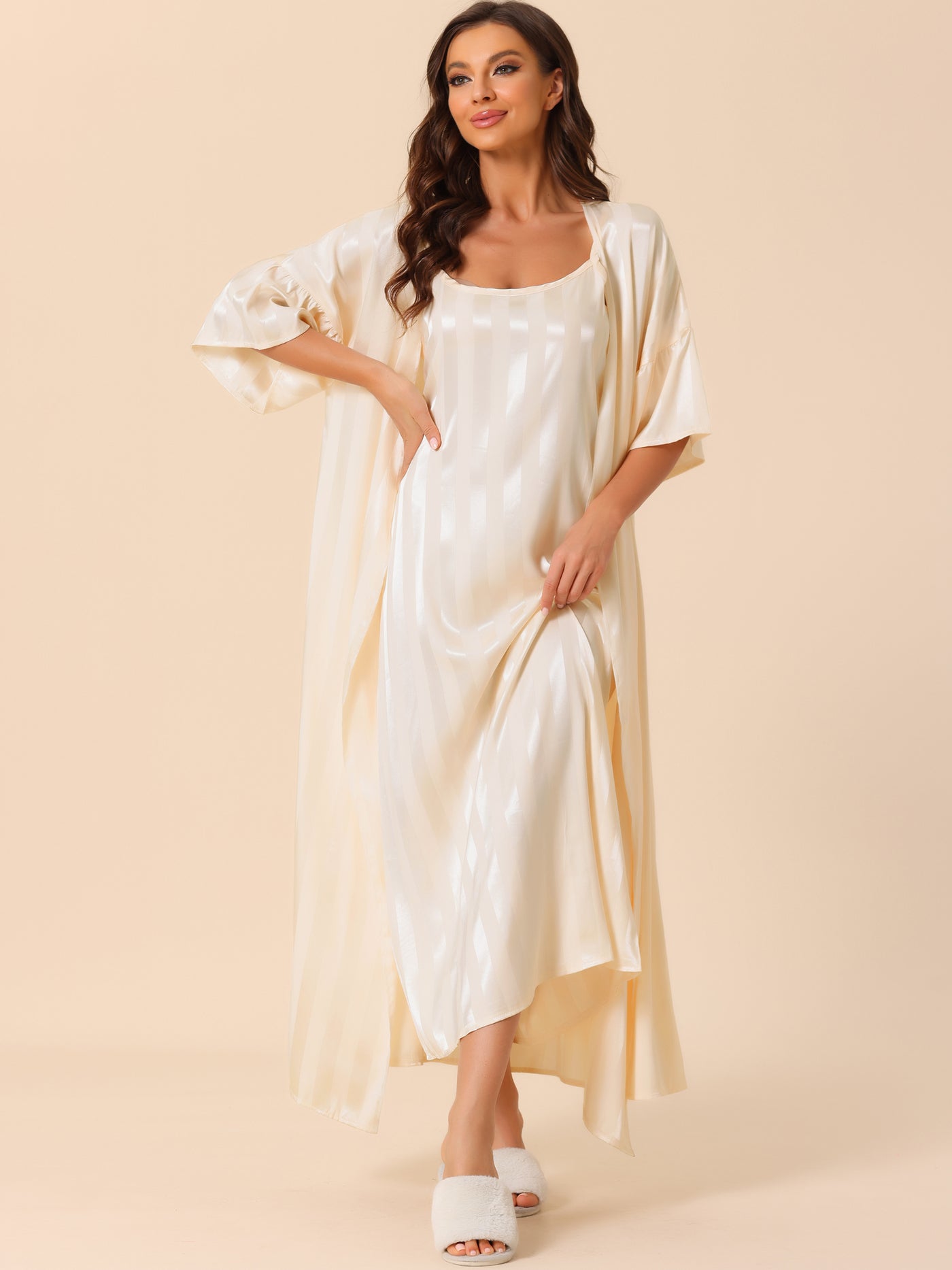 Bublédon Womens Satin 2Pcs Pajamas Silky 3/4 Sleeves Stripe Lounge Nightgowns with Robes