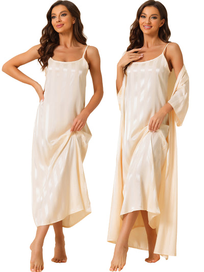 Womens Satin 2Pcs Pajamas Silky 3/4 Sleeves Stripe Lounge Nightgowns with Robes