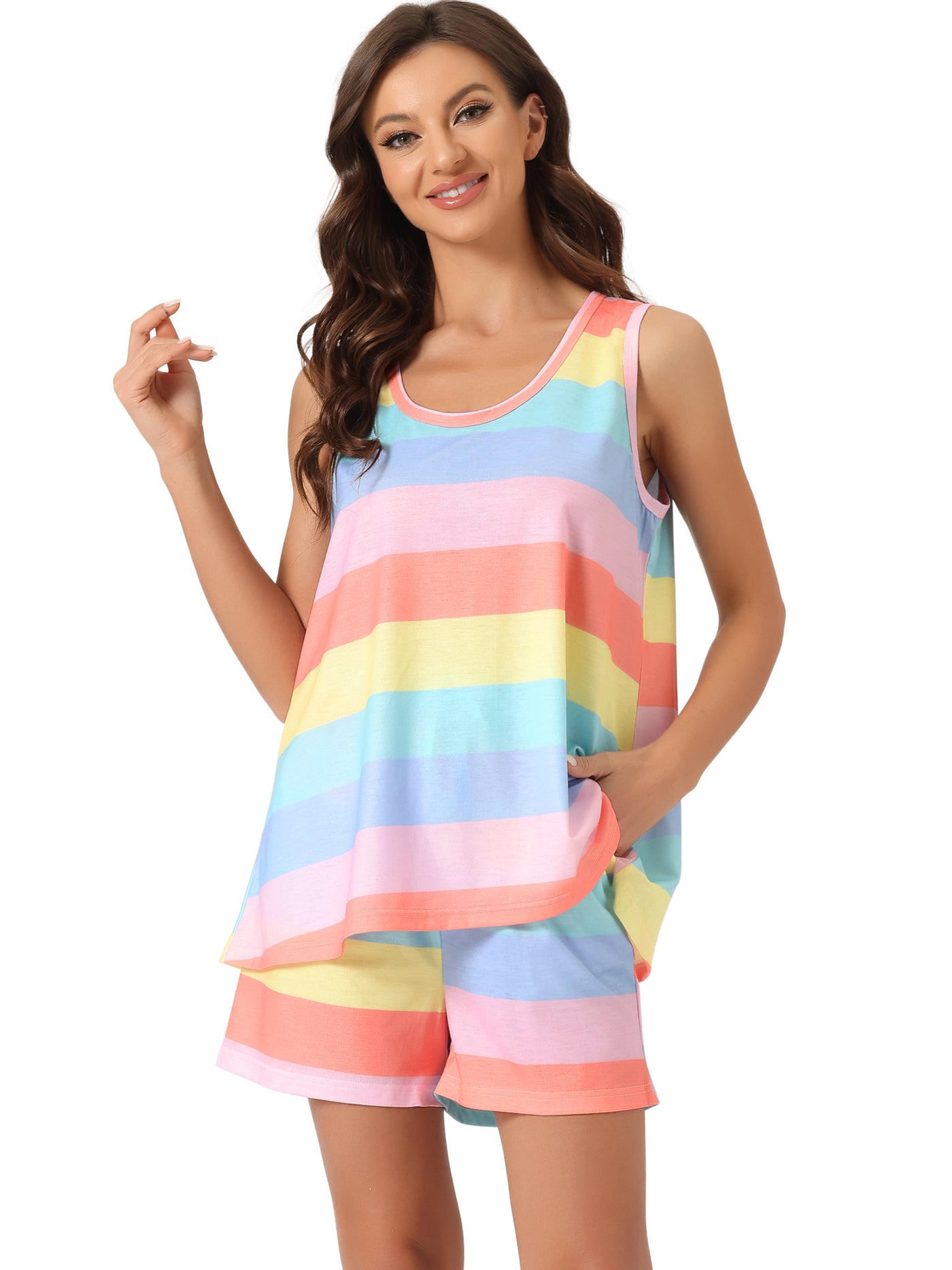 Bublédon Womens Lounge Outfits Pockets Rainbow Tank Tops with Shorts Stripe Pajama Sets