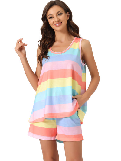 Womens Lounge Outfits Pockets Rainbow Tank Tops with Shorts Stripe Pajama Sets