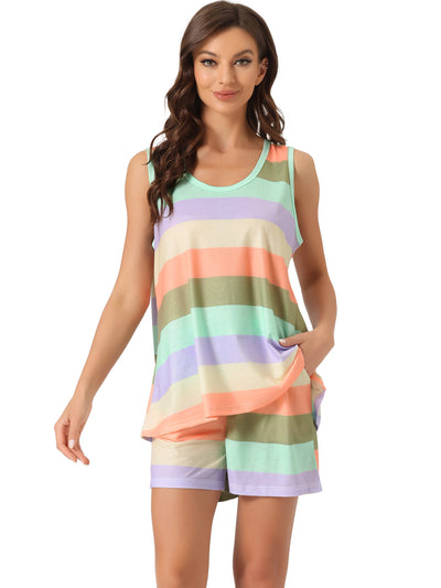 Womens Lounge Outfits Pockets Rainbow Tank Tops with Shorts Stripe Pajama Sets