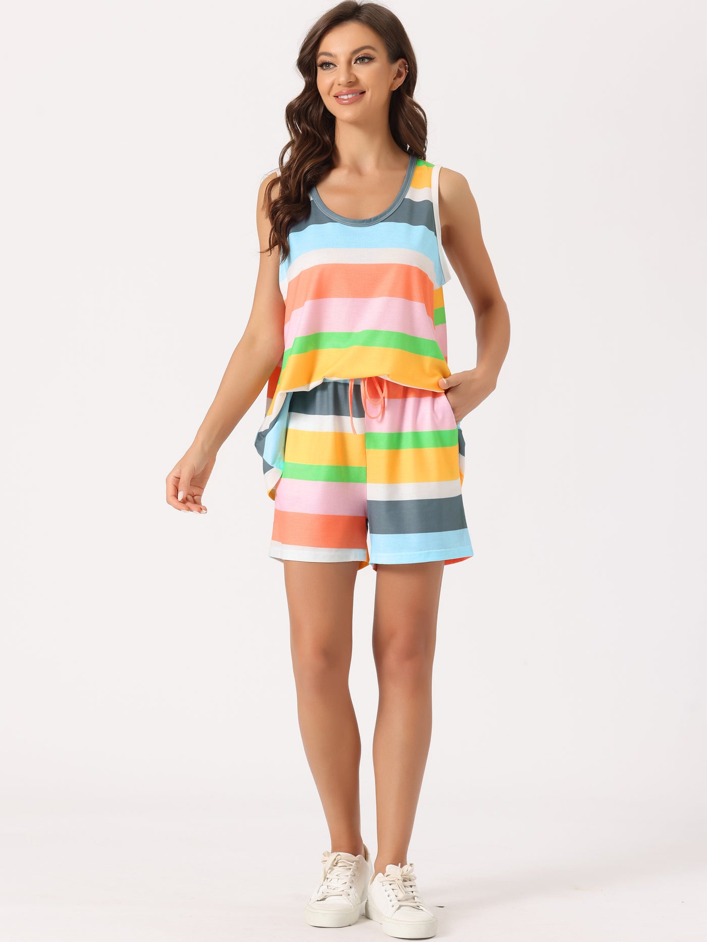 Bublédon Womens Lounge Outfits Pockets Rainbow Tank Tops with Shorts Stripe Pajama Sets