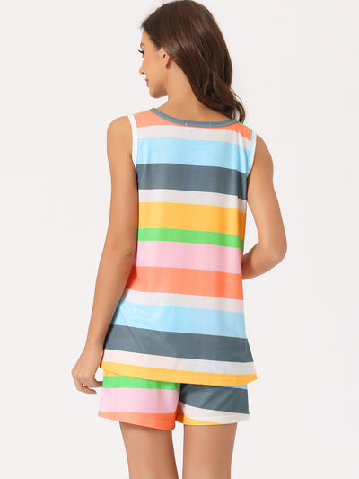 Womens Lounge Outfits Pockets Rainbow Tank Tops with Shorts Stripe Pajama Sets