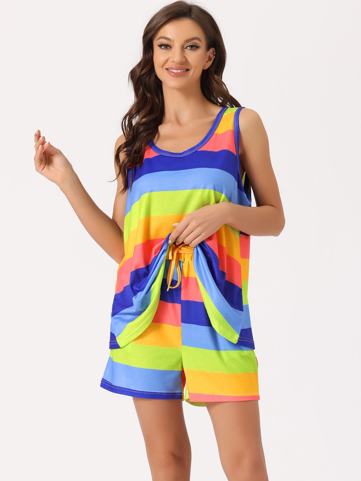 Bublédon Womens Lounge Outfits Pockets Rainbow Tank Tops with Shorts Stripe Pajama Sets