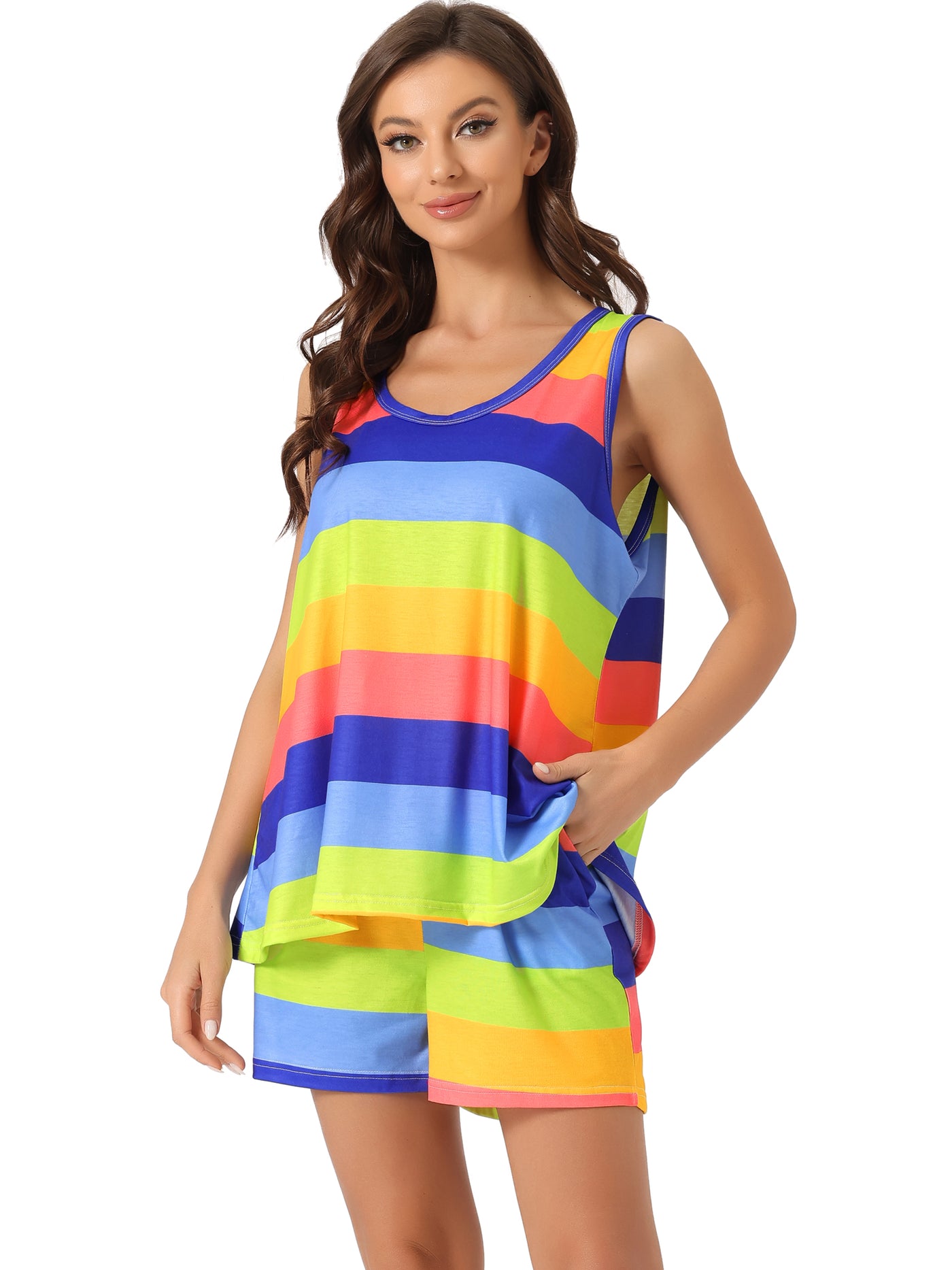 Bublédon Womens Lounge Outfits Pockets Rainbow Tank Tops with Shorts Stripe Pajama Sets