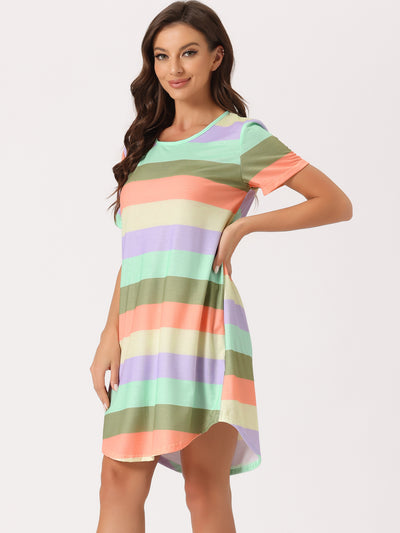 Bublédon Womens Sleepshirt T-shirt Dress Color Block Striped Short Sleeve Nightshirt Nightgown