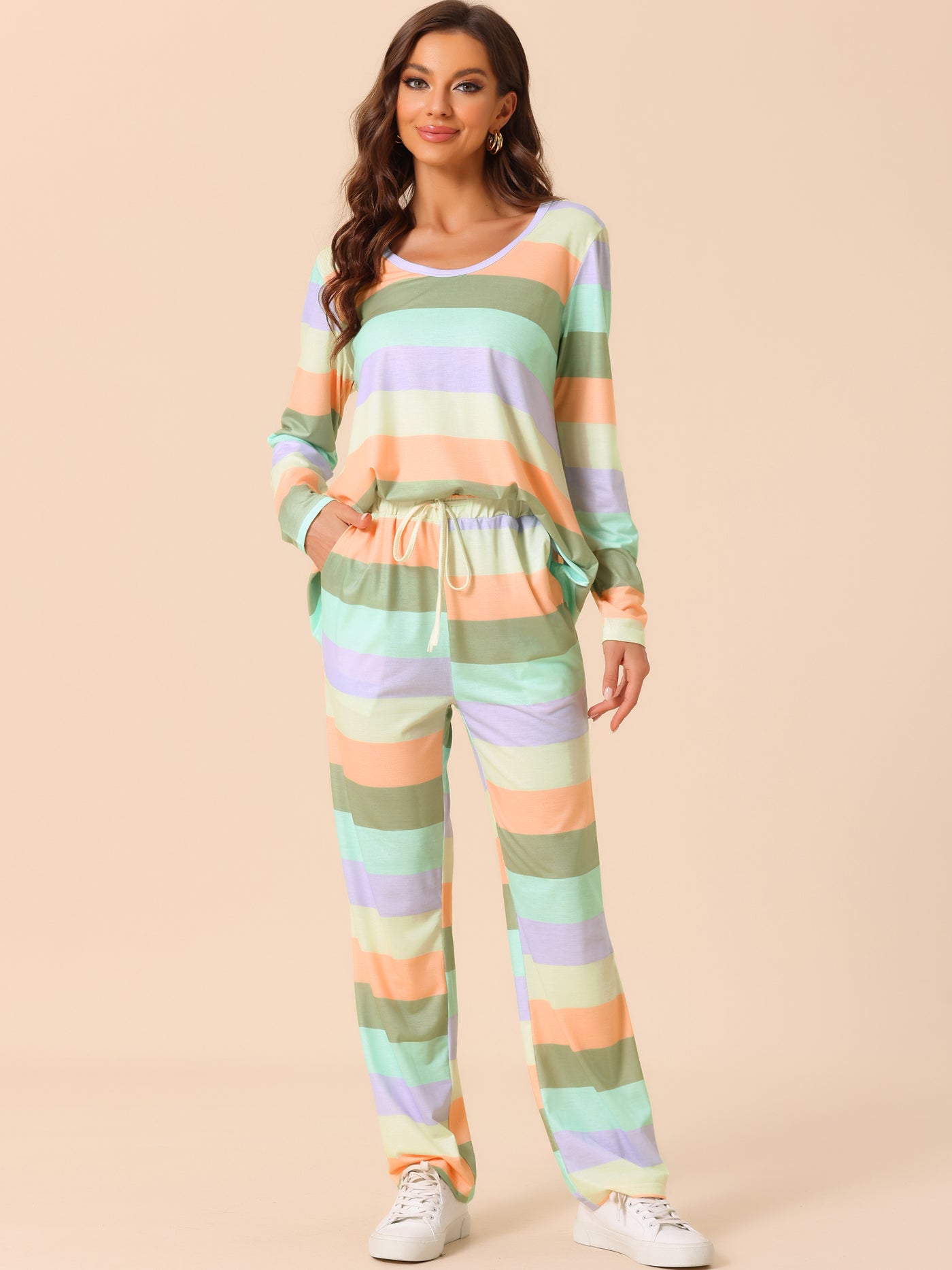 Bublédon Womens Lounge Cotton Outfits Rainbow Long Sleeves with Pants Stripe Pajama Set