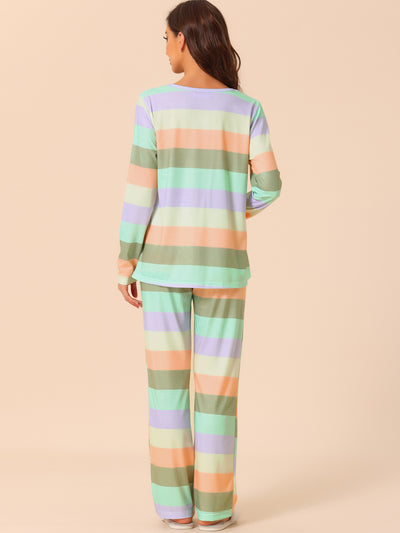 Womens Lounge Cotton Outfits Rainbow Long Sleeves with Pants Stripe Pajama Set