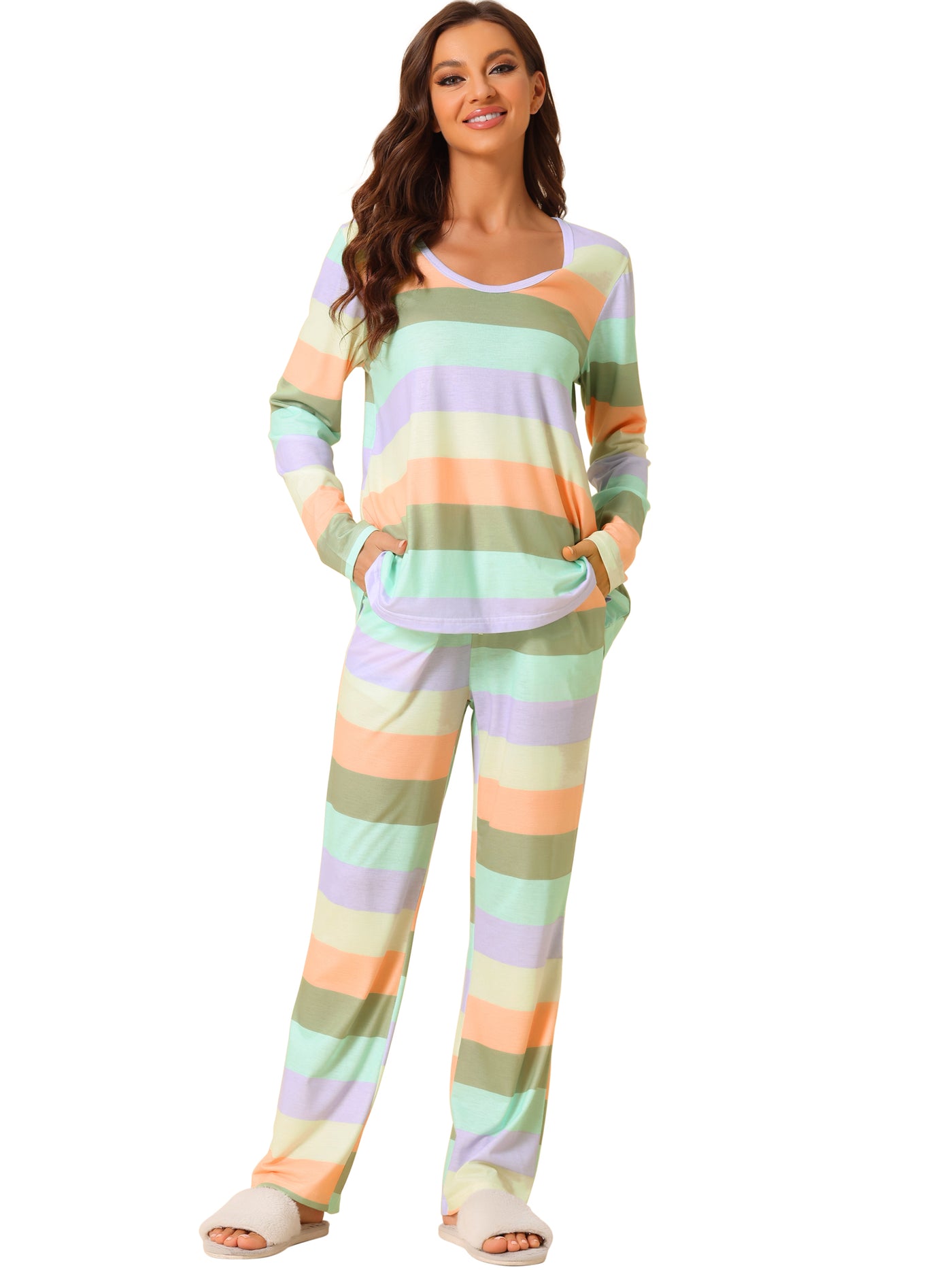 Bublédon Womens Lounge Cotton Outfits Rainbow Long Sleeves with Pants Stripe Pajama Set