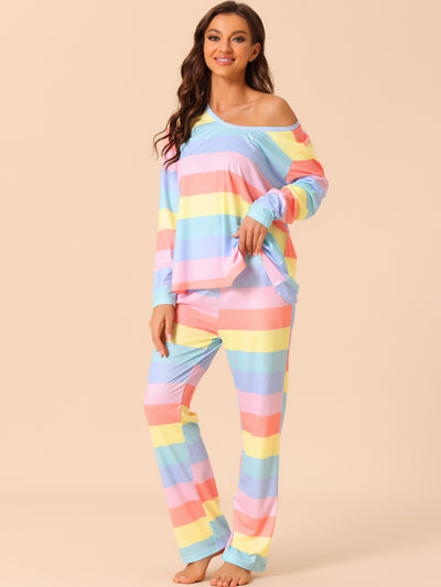 Womens Lounge Cotton Outfits Rainbow Long Sleeves with Pants Stripe Pajama Set