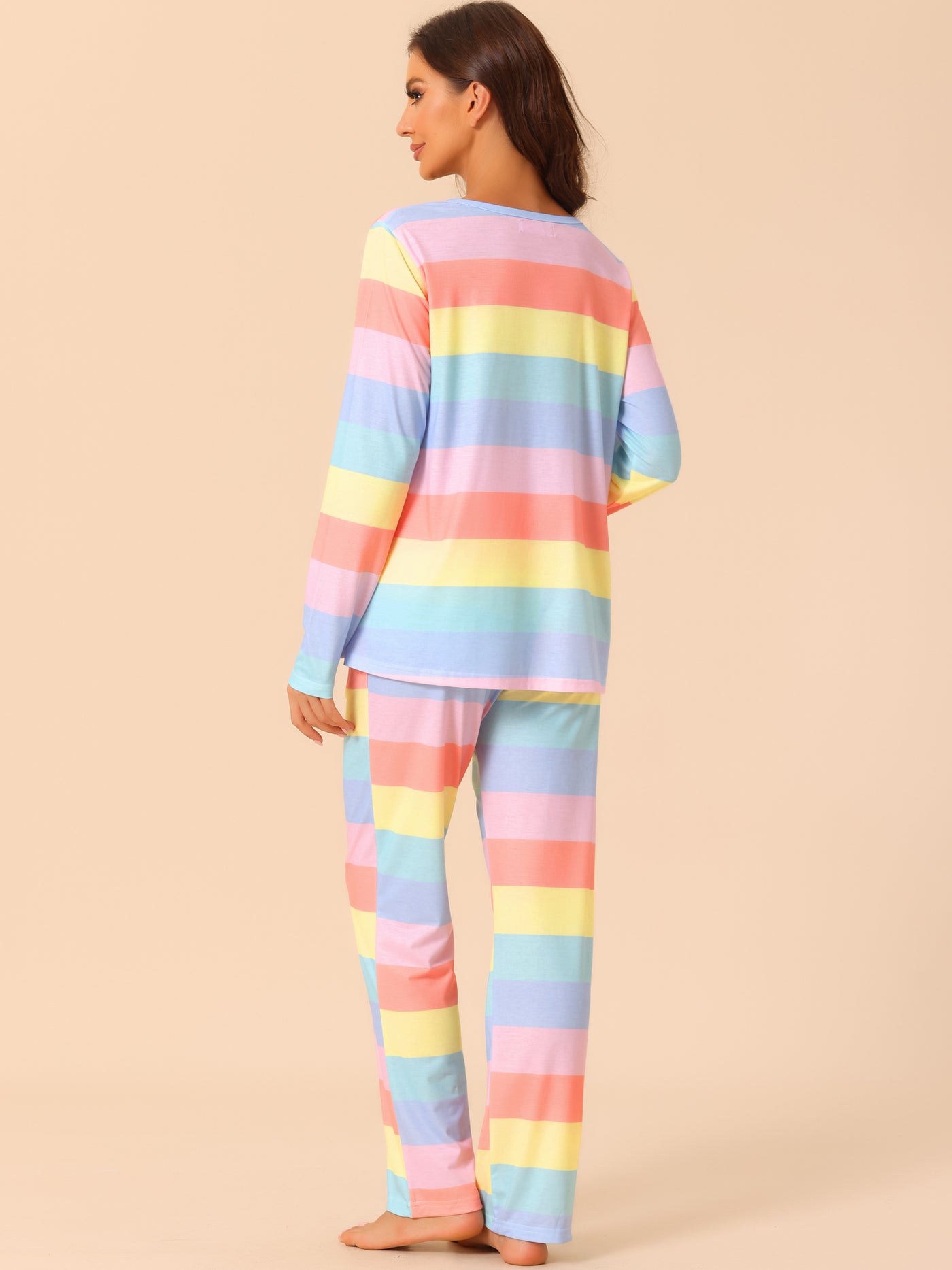 Bublédon Womens Lounge Cotton Outfits Rainbow Long Sleeves with Pants Stripe Pajama Set