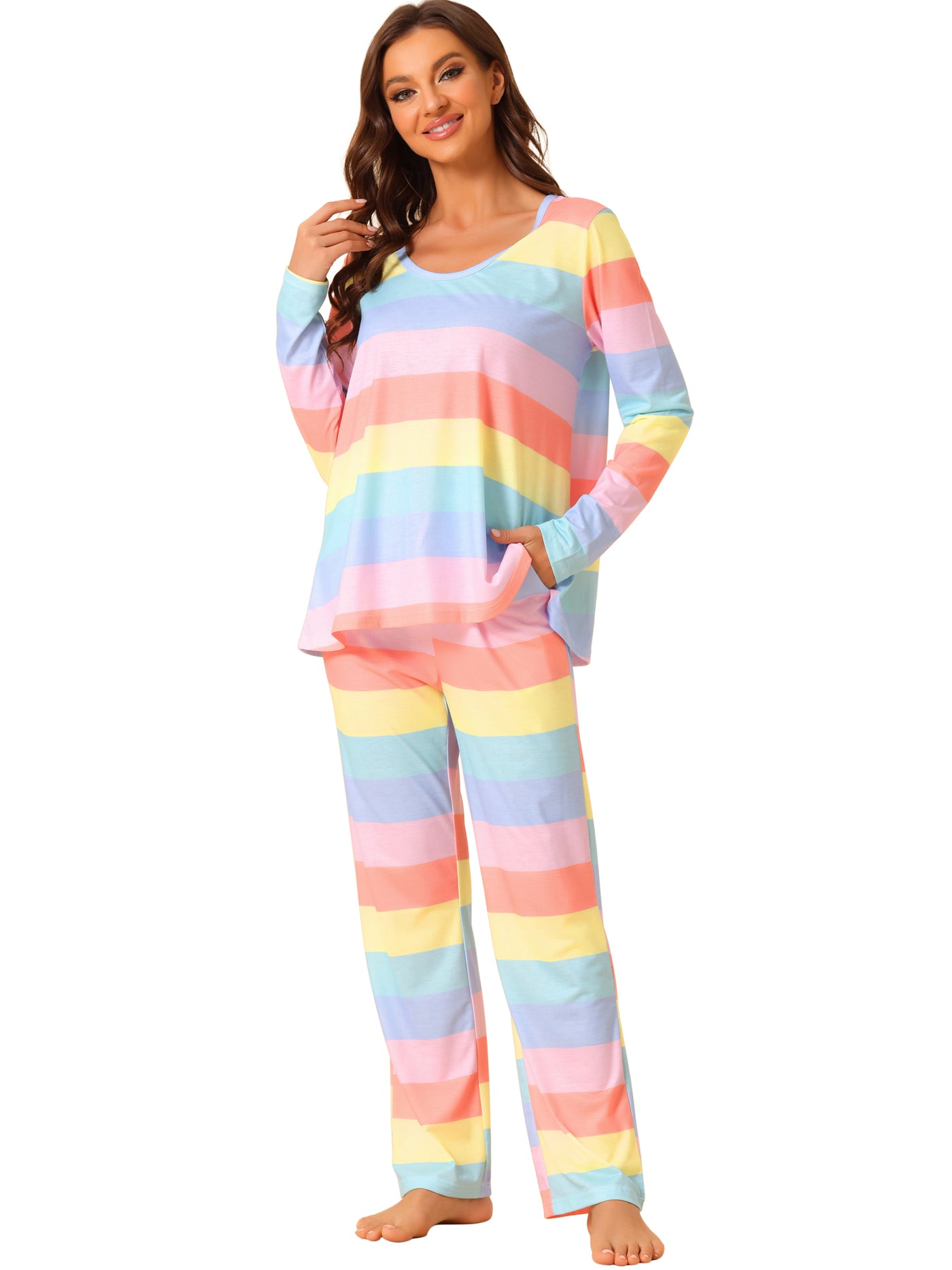 Bublédon Womens Lounge Cotton Outfits Rainbow Long Sleeves with Pants Stripe Pajama Set