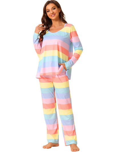 Womens Lounge Cotton Outfits Rainbow Long Sleeves with Pants Stripe Pajama Set