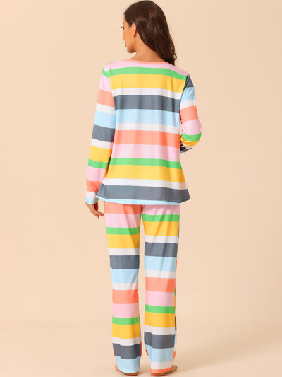 Womens Lounge Cotton Outfits Rainbow Long Sleeves with Pants Stripe Pajama Set