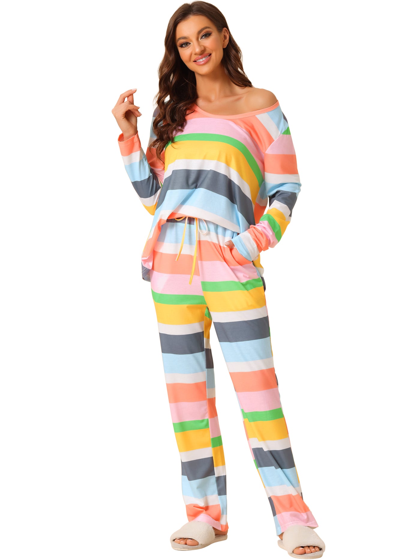 Bublédon Womens Lounge Cotton Outfits Rainbow Long Sleeves with Pants Stripe Pajama Set