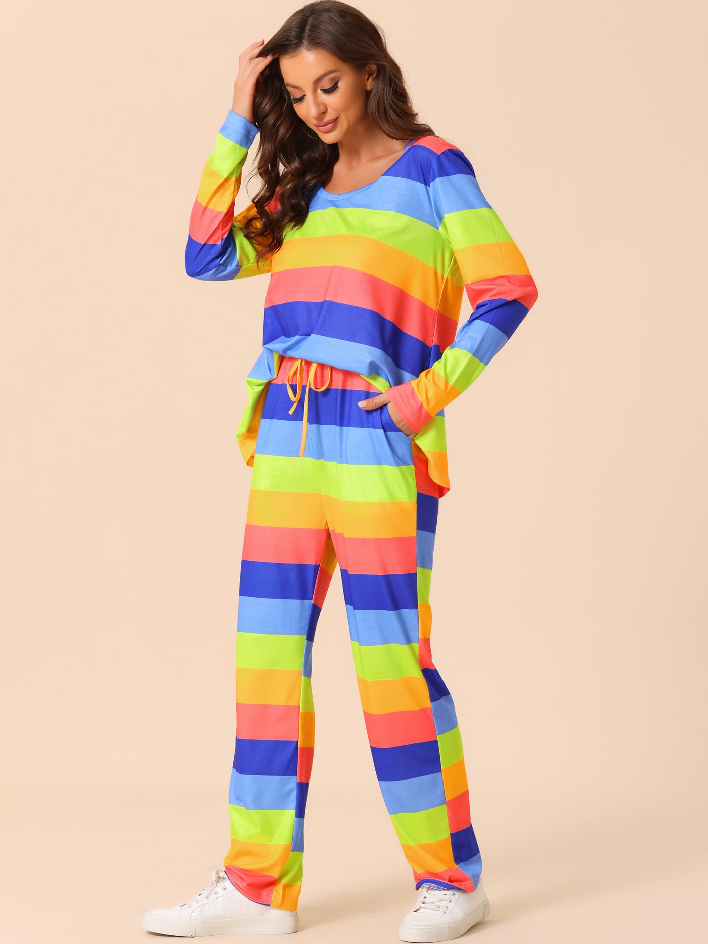 Bublédon Womens Lounge Cotton Outfits Rainbow Long Sleeves with Pants Stripe Pajama Set