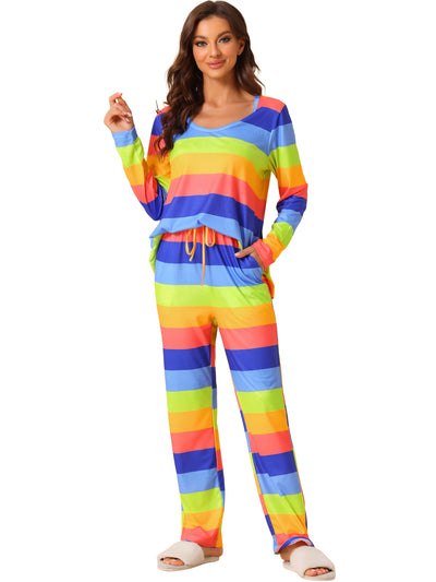 Womens Lounge Cotton Outfits Rainbow Long Sleeves with Pants Stripe Pajama Set