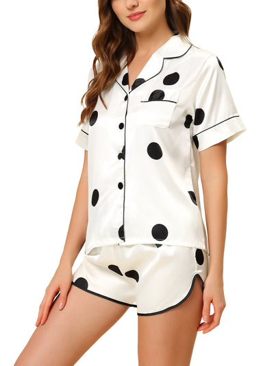 Women's Satin 2pcs Lounge Sleepwear T-Shirt and Shorts Polka Dots Pajama Sets