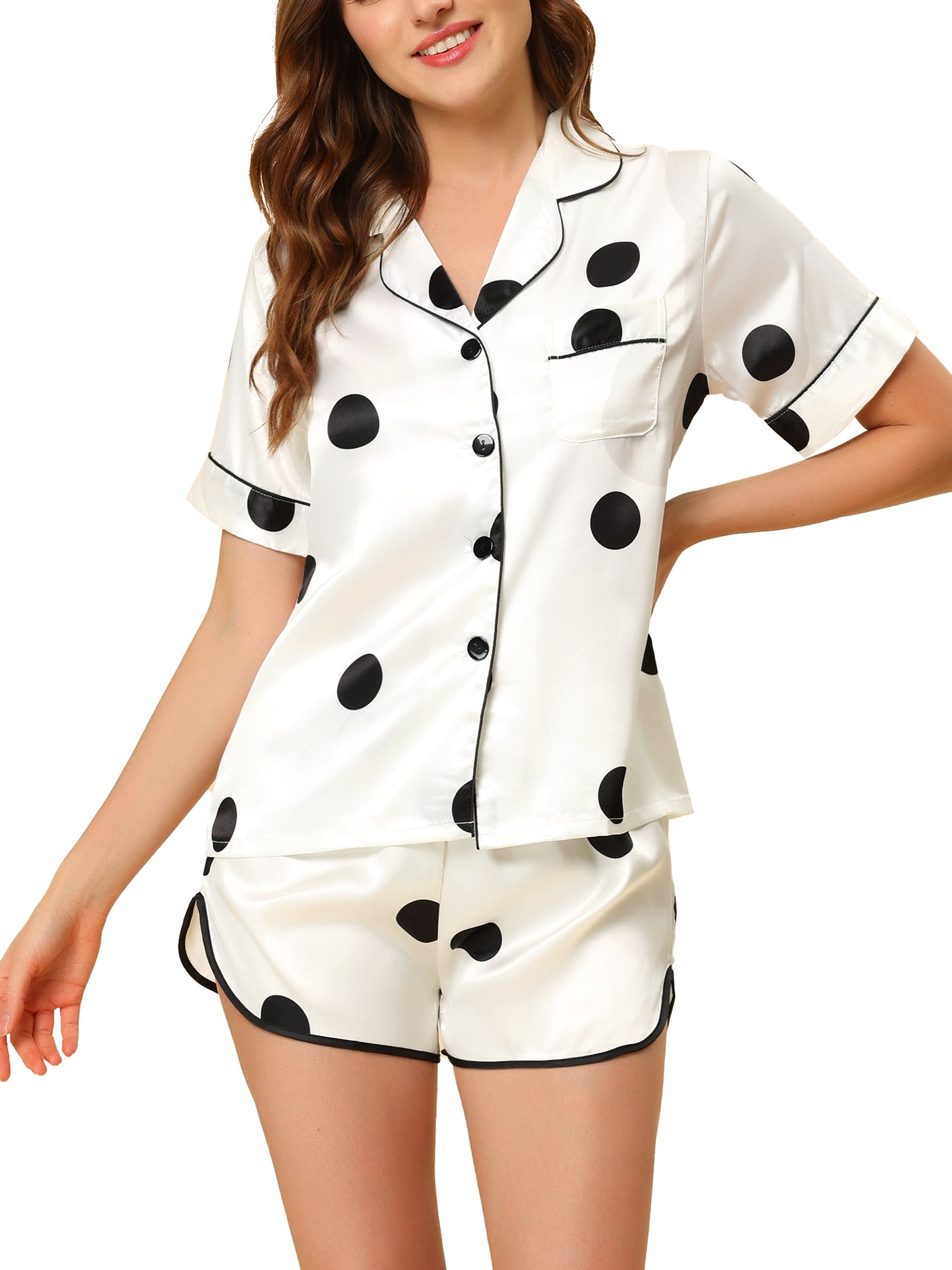 Bublédon Women's Satin 2pcs Lounge Sleepwear T-Shirt and Shorts Polka Dots Pajama Sets