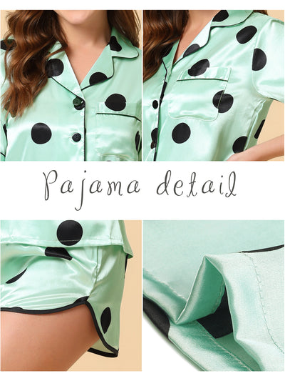 Women's Satin 2pcs Lounge Sleepwear T-Shirt and Shorts Polka Dots Pajama Sets