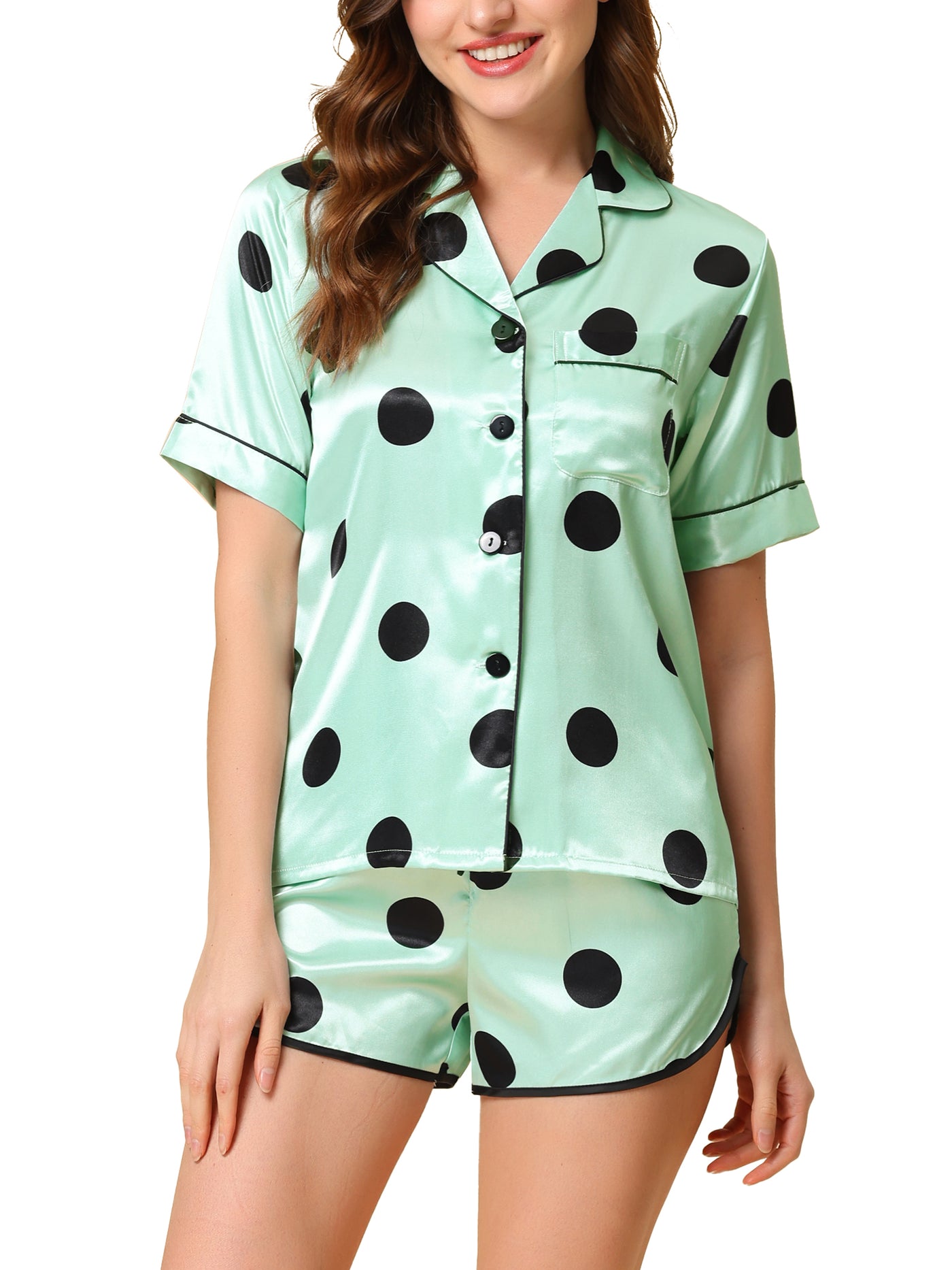 Bublédon Women's Satin 2pcs Lounge Sleepwear T-Shirt and Shorts Polka Dots Pajama Sets