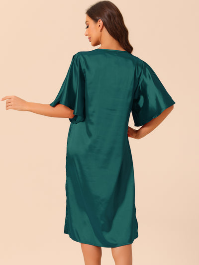 Womens Satin Nightdress Flare Bell Short Sleeve Sleep Dress Nightshirt Nightgown