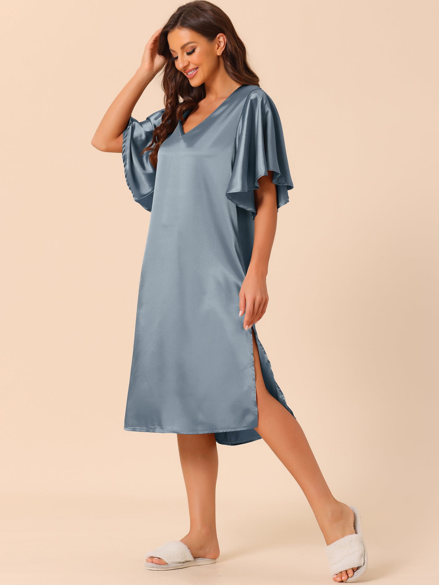 Bublédon Womens Satin Nightdress Flare Bell Short Sleeve Sleep Dress Nightshirt Nightgown