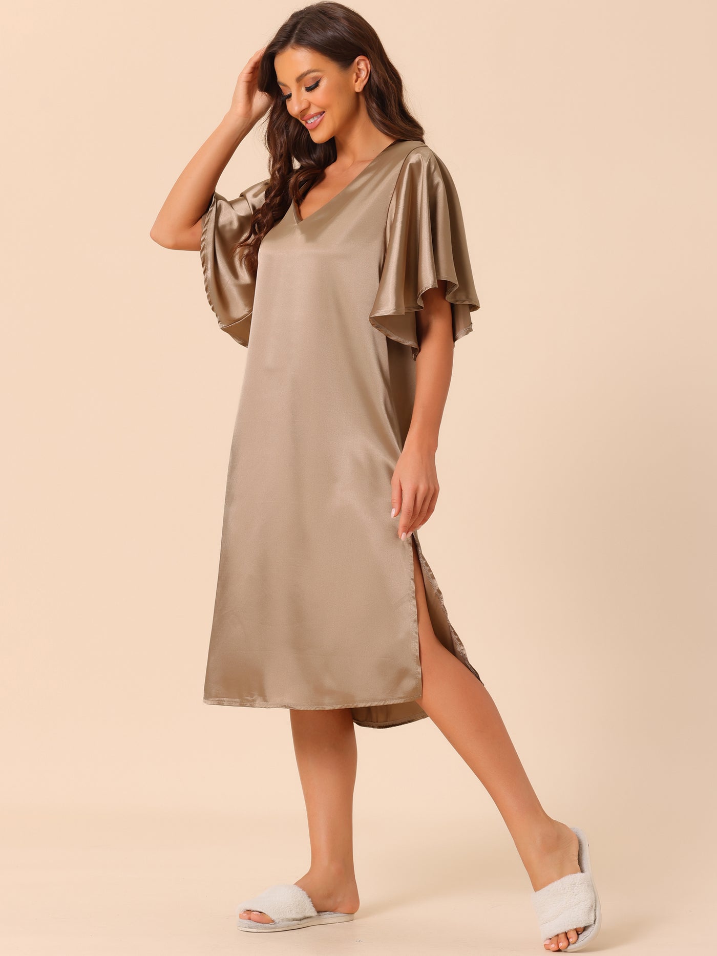 Bublédon Womens Satin Nightdress Flare Bell Short Sleeve Sleep Dress Nightshirt Nightgown