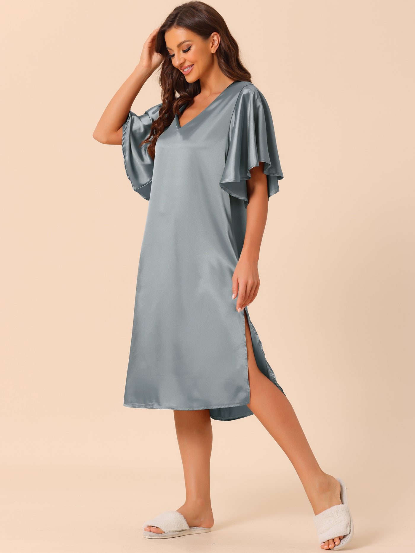 Bublédon Womens Satin Nightdress Flare Bell Short Sleeve Sleep Dress Nightshirt Nightgown