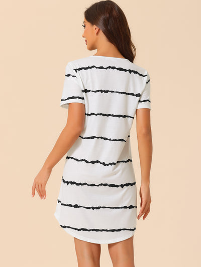 Women Round Neck Nightshirt Striped Short Sleeve Sleepshirt Nightgown