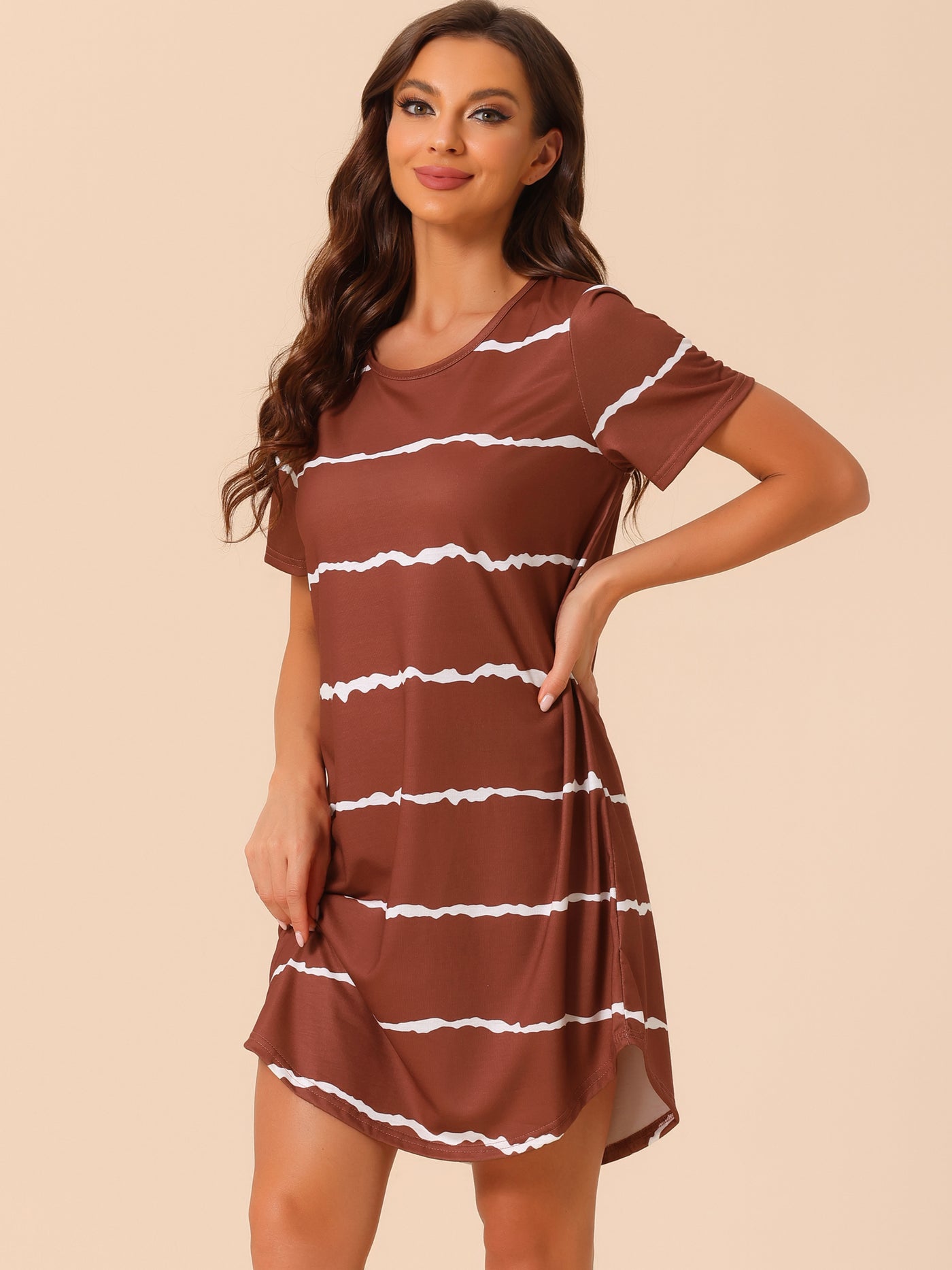 Bublédon Women Round Neck Nightshirt Striped Short Sleeve Sleepshirt Nightgown