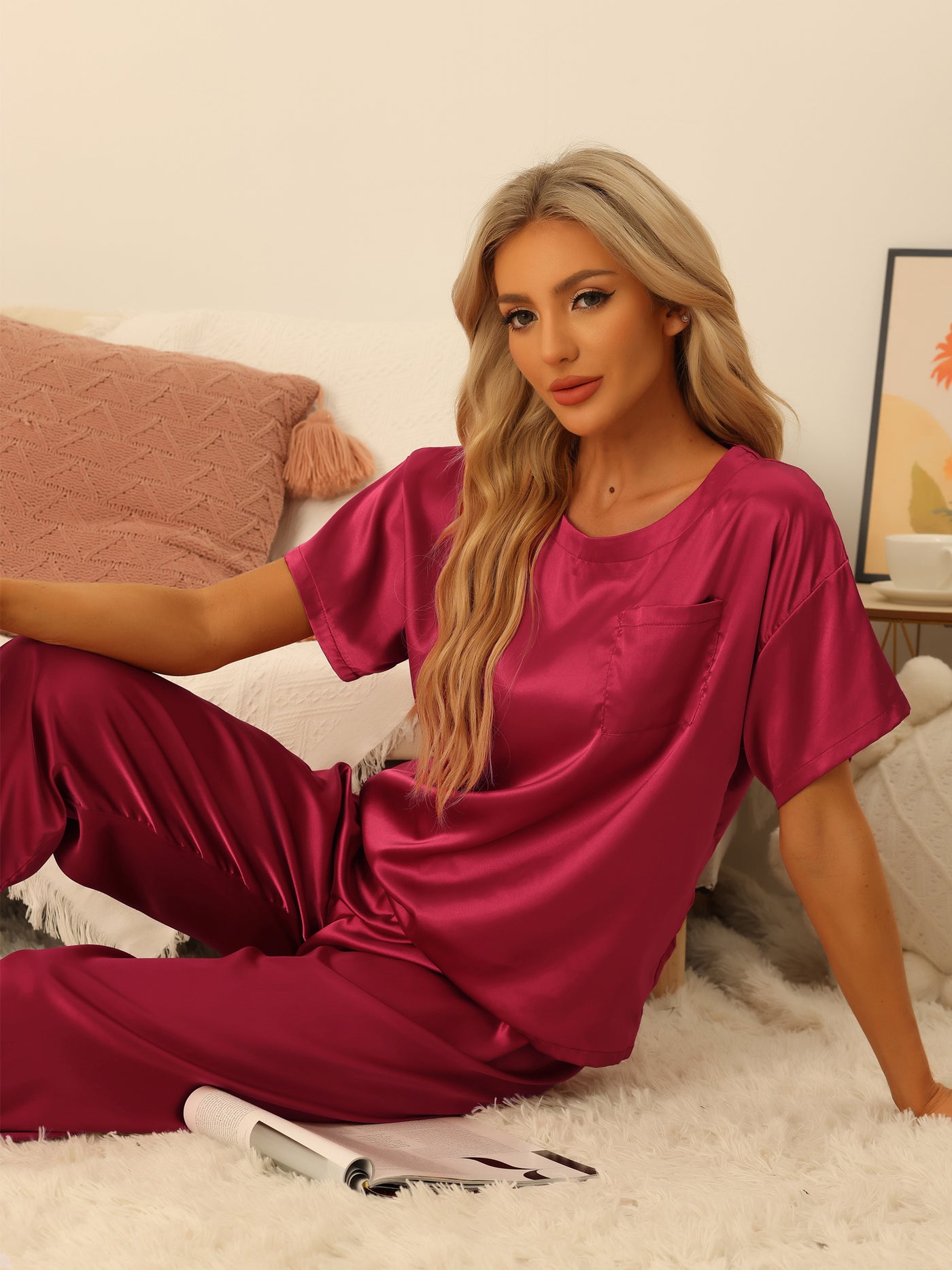 Bublédon Womens Satin Pajamas Summer Outfits Short Sleeves Tops with Pants Silky Lounge Sets