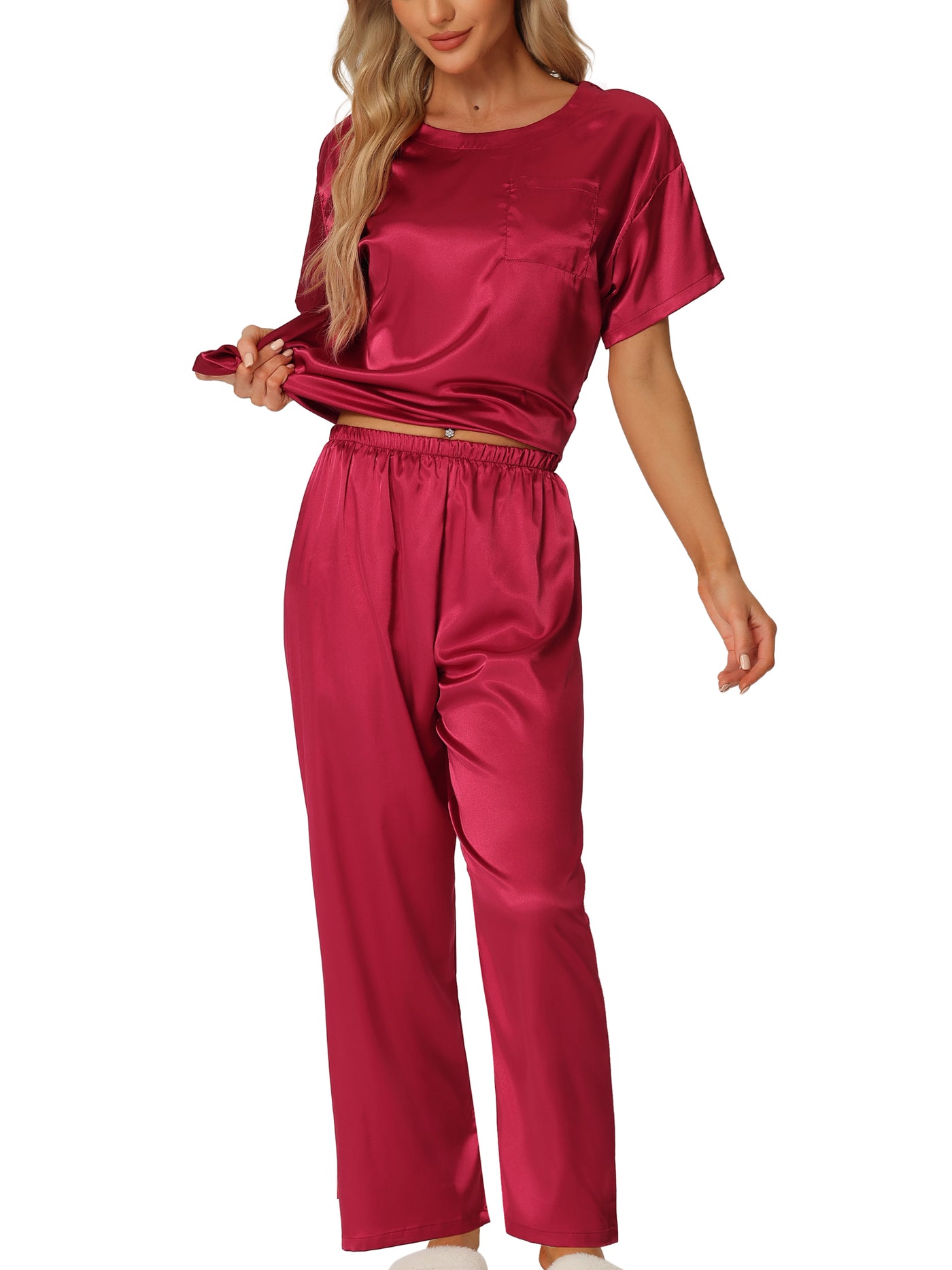 Bublédon Womens Satin Pajamas Summer Outfits Short Sleeves Tops with Pants Silky Lounge Sets