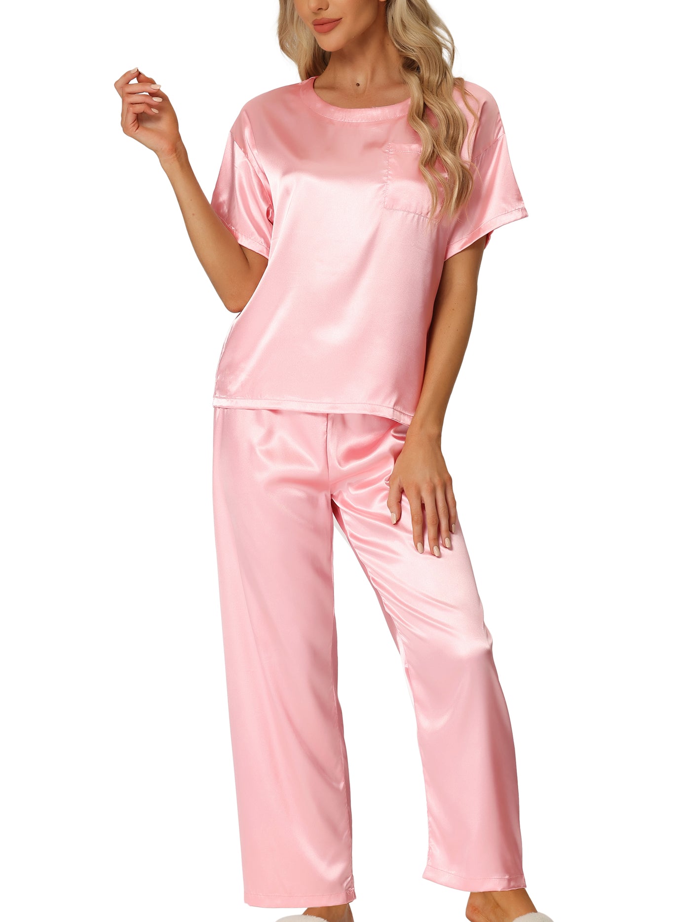 Bublédon Womens Satin Pajamas Summer Outfits Short Sleeves Tops with Pants Silky Lounge Sets