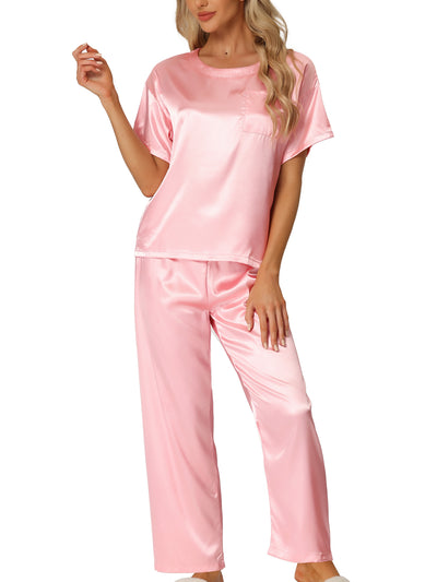 Womens Satin Pajamas Summer Outfits Short Sleeves Tops with Pants Silky Lounge Sets