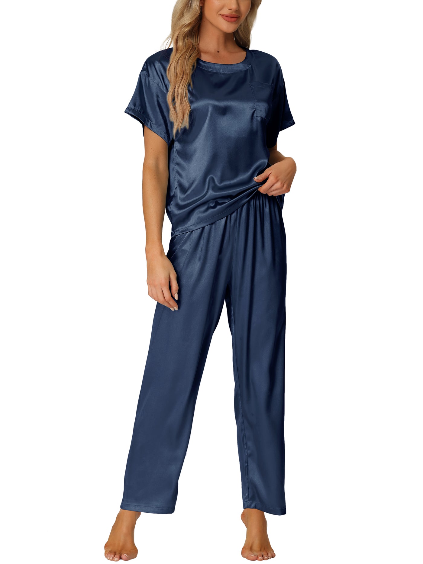 Bublédon Womens Satin Pajamas Summer Outfits Short Sleeves Tops with Pants Silky Lounge Sets