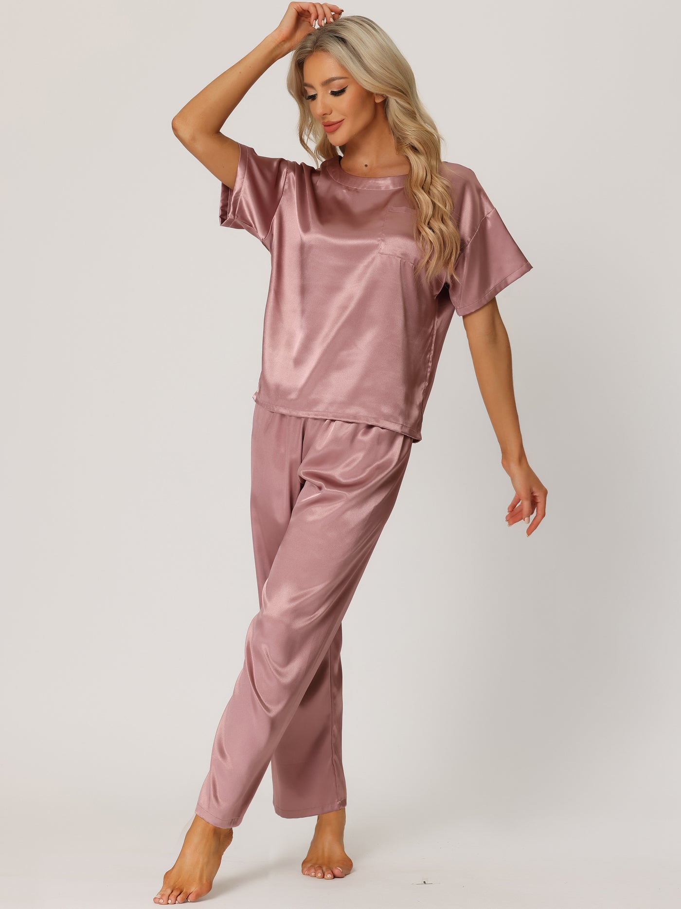 Bublédon Womens Satin Pajamas Summer Outfits Short Sleeves Tops with Pants Silky Lounge Sets