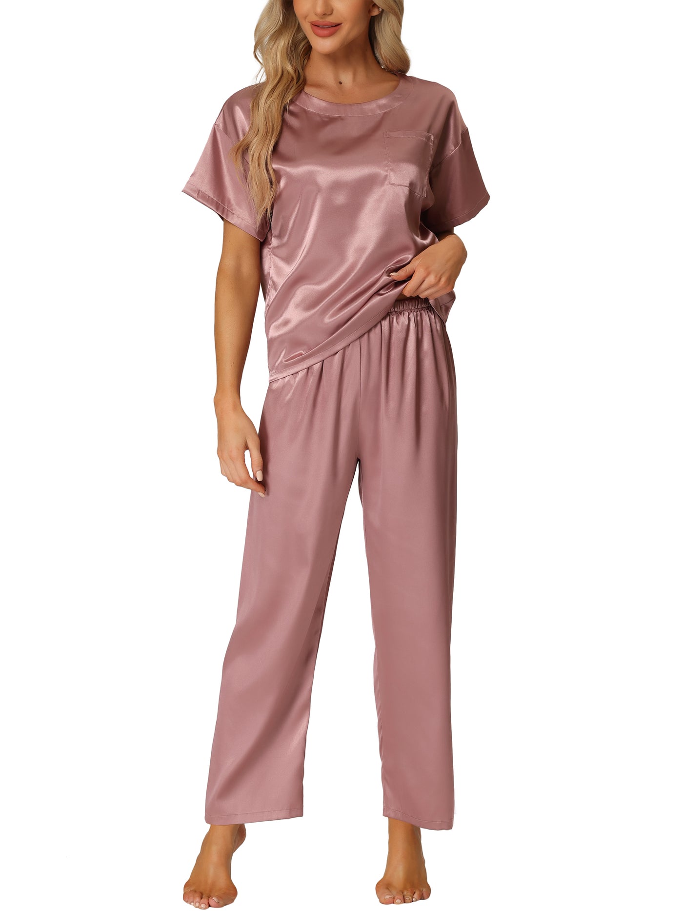 Bublédon Womens Satin Pajamas Summer Outfits Short Sleeves Tops with Pants Silky Lounge Sets