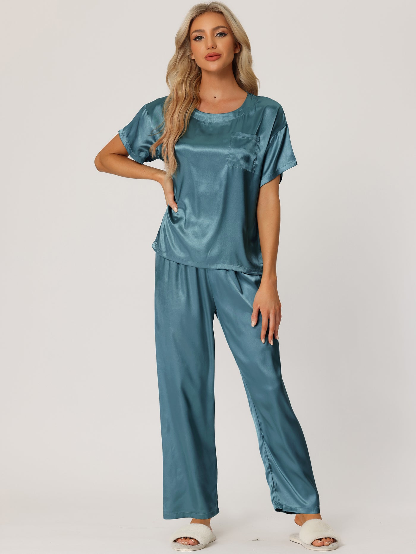 Bublédon Womens Satin Pajamas Summer Outfits Short Sleeves Tops with Pants Silky Lounge Sets