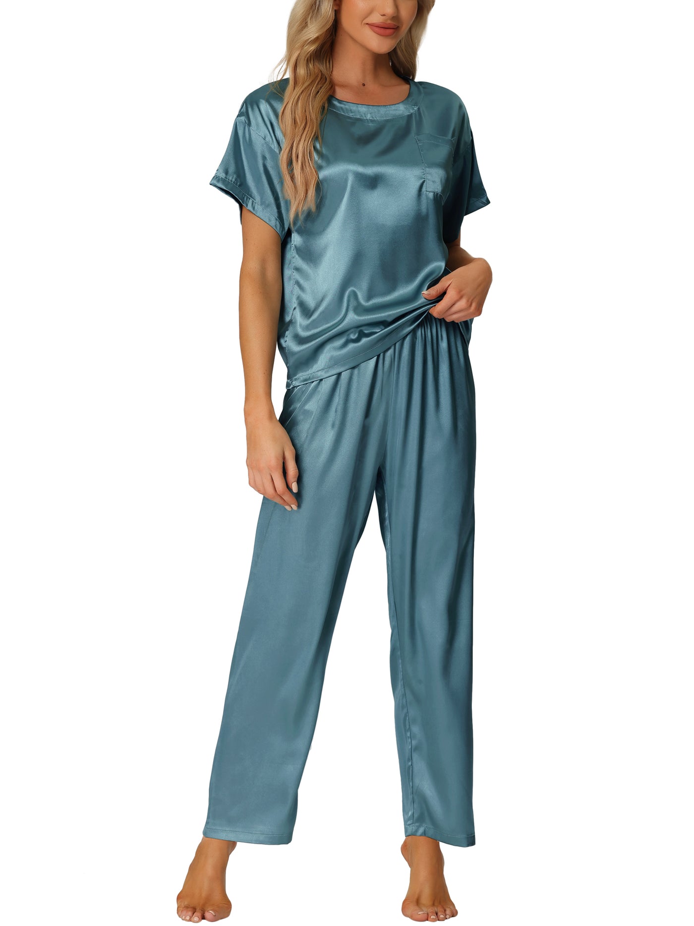 Bublédon Womens Satin Pajamas Summer Outfits Short Sleeves Tops with Pants Silky Lounge Sets