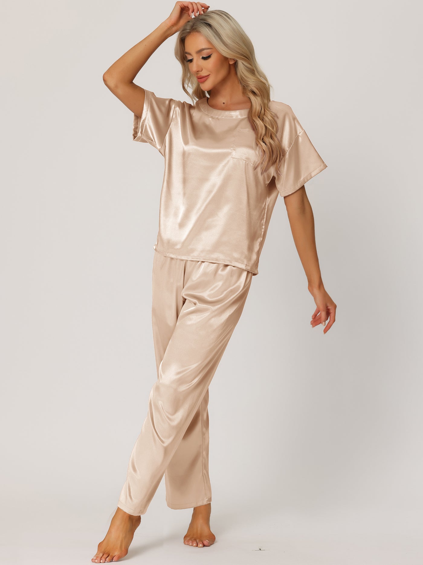 Bublédon Womens Satin Pajamas Summer Outfits Short Sleeves Tops with Pants Silky Lounge Sets